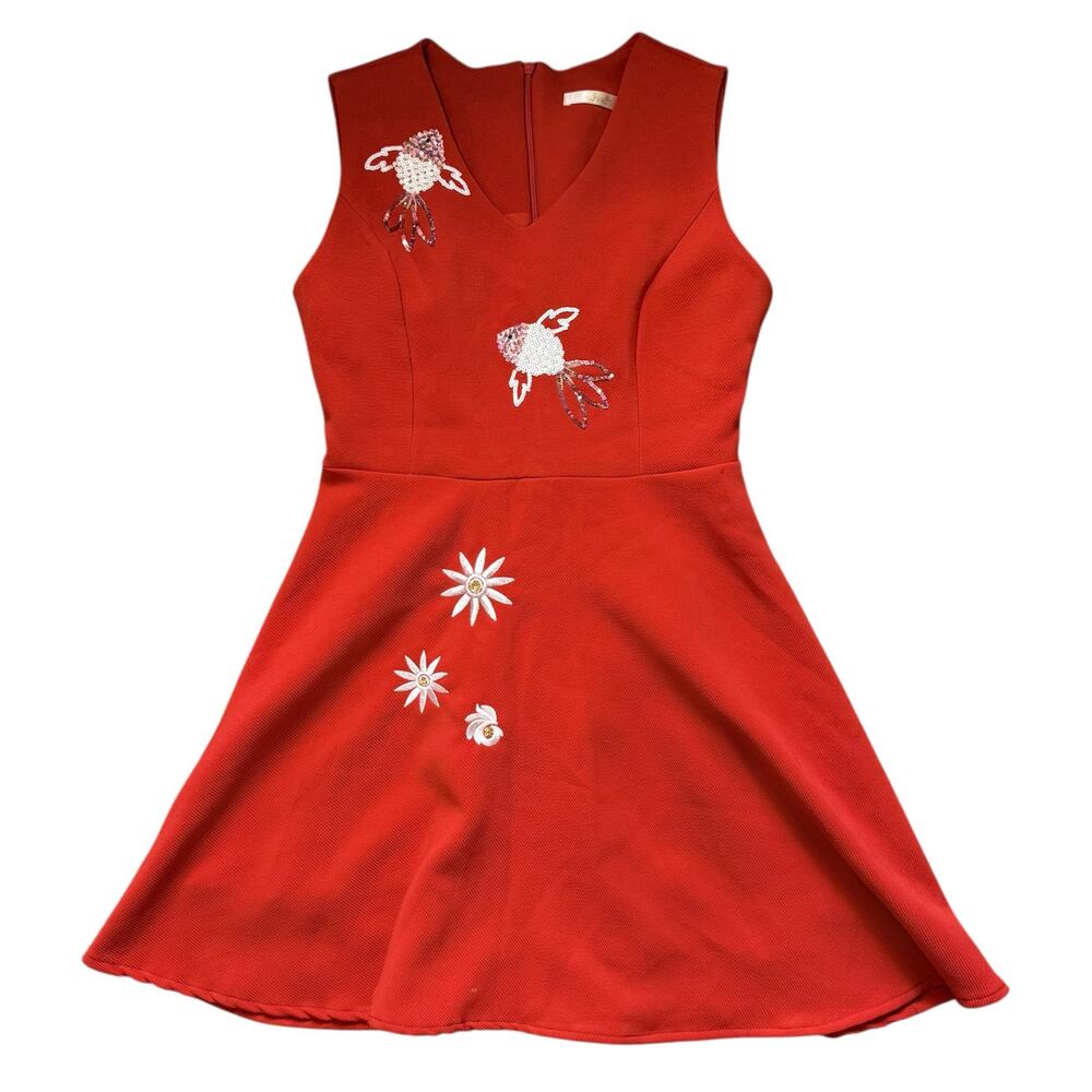 Red Dress Fish Embroidered Fit Flare Size Medium Sequin Japan Asian Daisy Knee - Picture 2 of 8